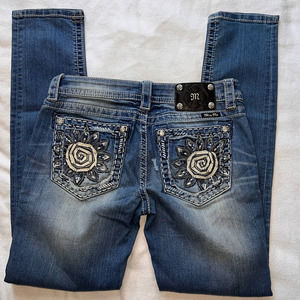 Miss Me Faded Blue Floral Detail Pockets Skinny Jeans-29
